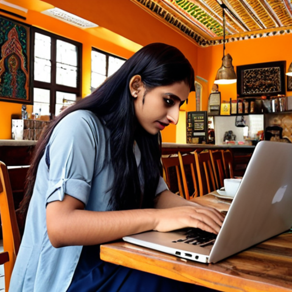 **A young, modern digital nomad working on a laptop at a vibrant cafe in Lahore, Pakistan. The cafe is bustling with people and decorated with traditional Pakistani art. In the background, you can see a glimpse of a historical building. Focus on conveying a sense of productivity, cultural immersion, and the blending of modern technology with traditional Pakistani elements.**