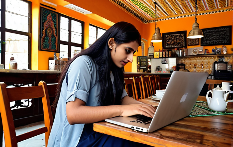 **A young, modern digital nomad working on a laptop at a vibrant cafe in Lahore, Pakistan. The cafe is bustling with people and decorated with traditional Pakistani art. In the background, you can see a glimpse of a historical building. Focus on conveying a sense of productivity, cultural immersion, and the blending of modern technology with traditional Pakistani elements.**